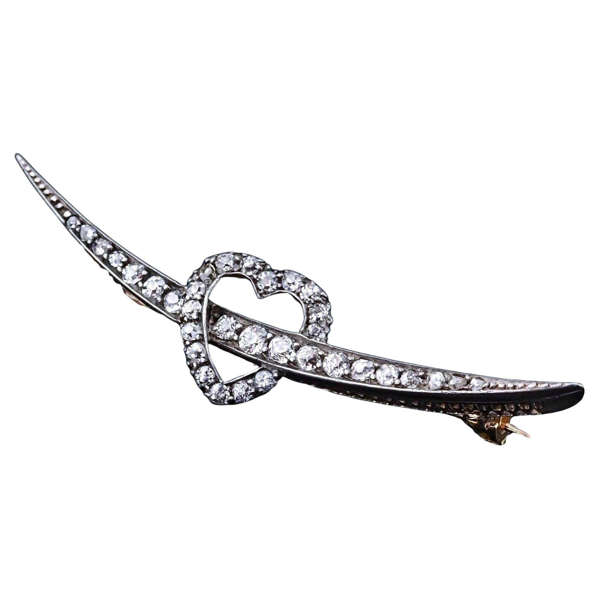 Antique Victorian Diamond Heart & Crescent Brooch 14K Gold - c.1900