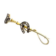 Antique Victorian Diamond Horse Shoe Good Luck Riding Crop Brooch Gold Platinum