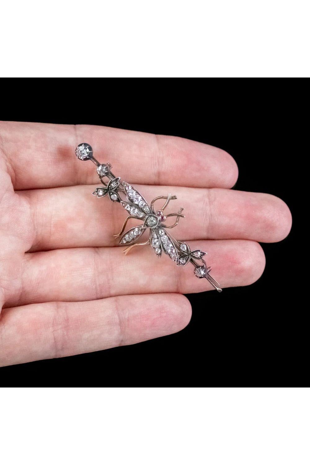 Women's Antique Victorian Diamond Insect Brooch Silver 18 Carat Gold, circa 1900 For Sale