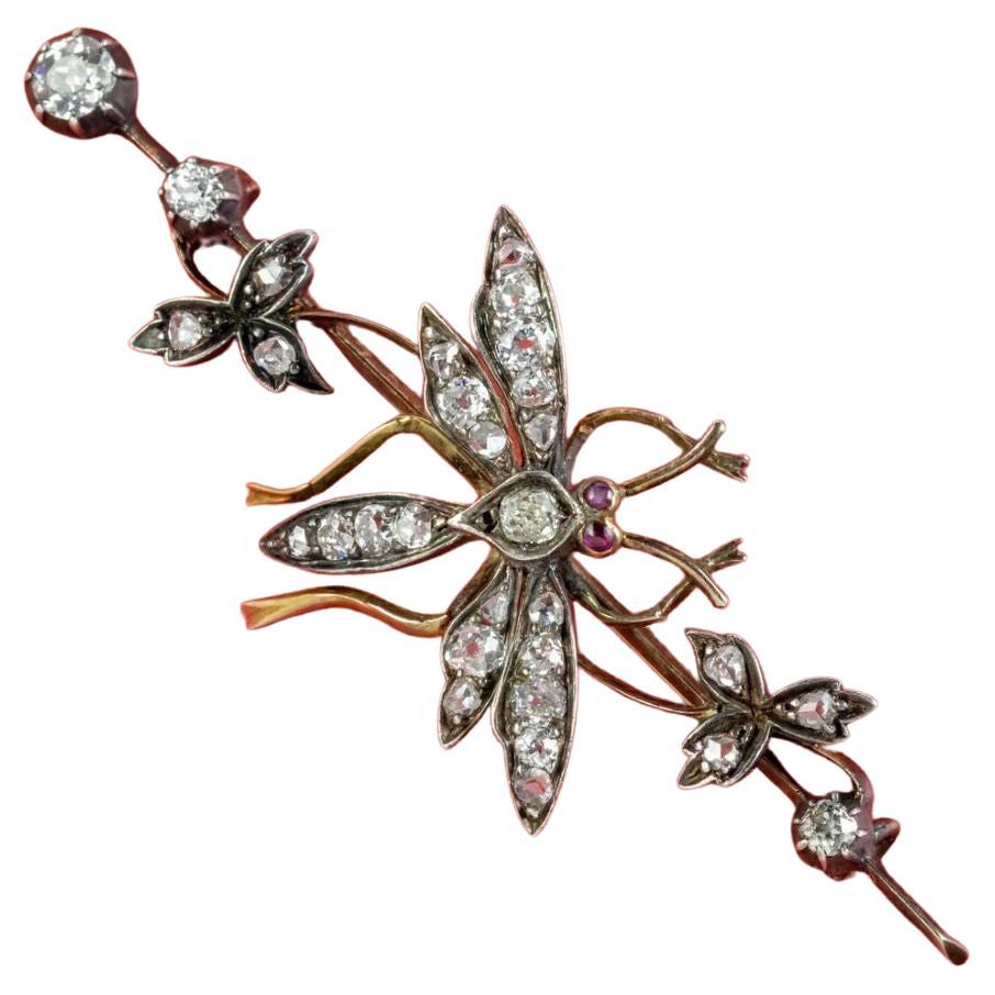 Antique Victorian Diamond Insect Brooch Silver 18 Carat Gold, circa 1900 For Sale