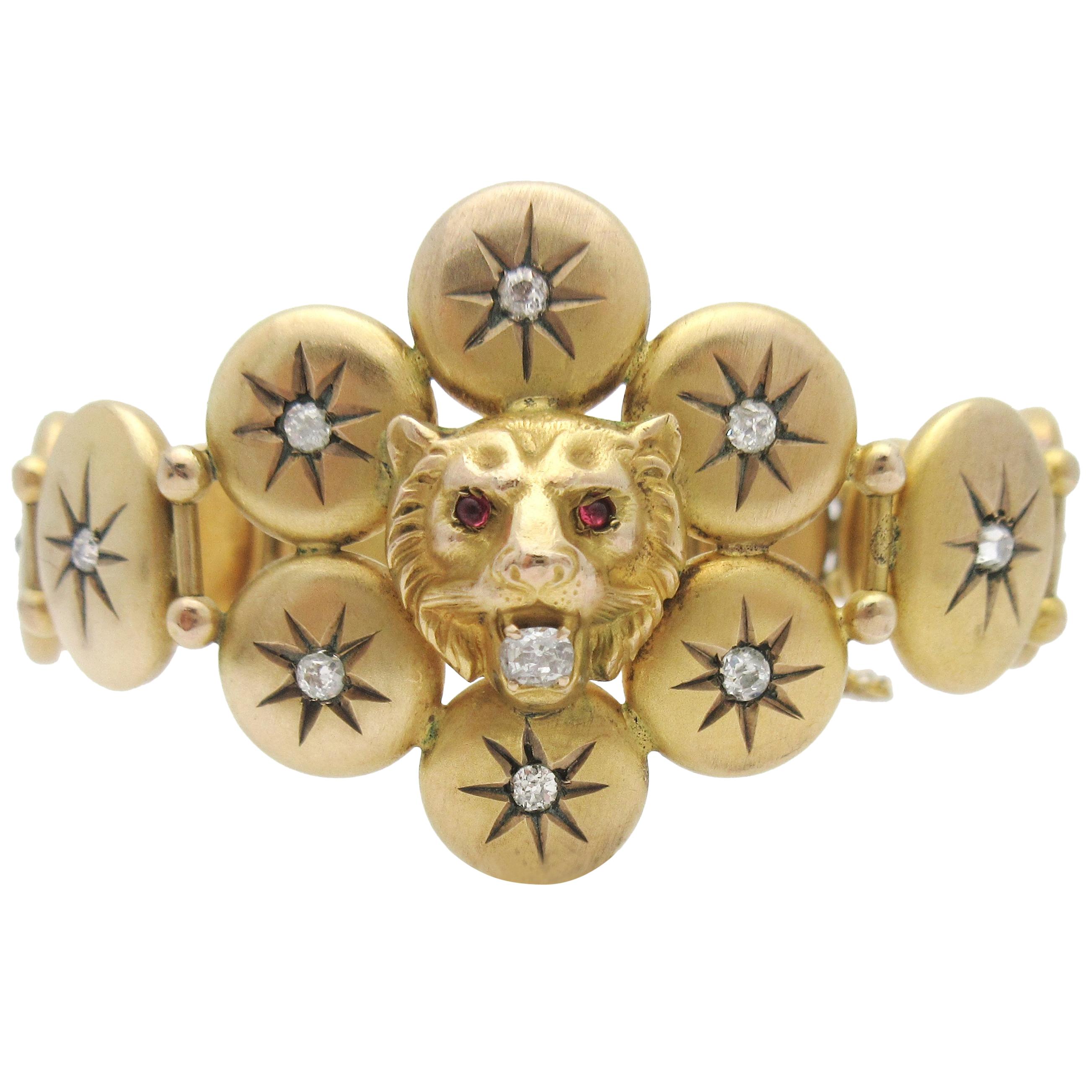 Antique Victorian Diamond Lion Head 10 Karat Gold Bracelet