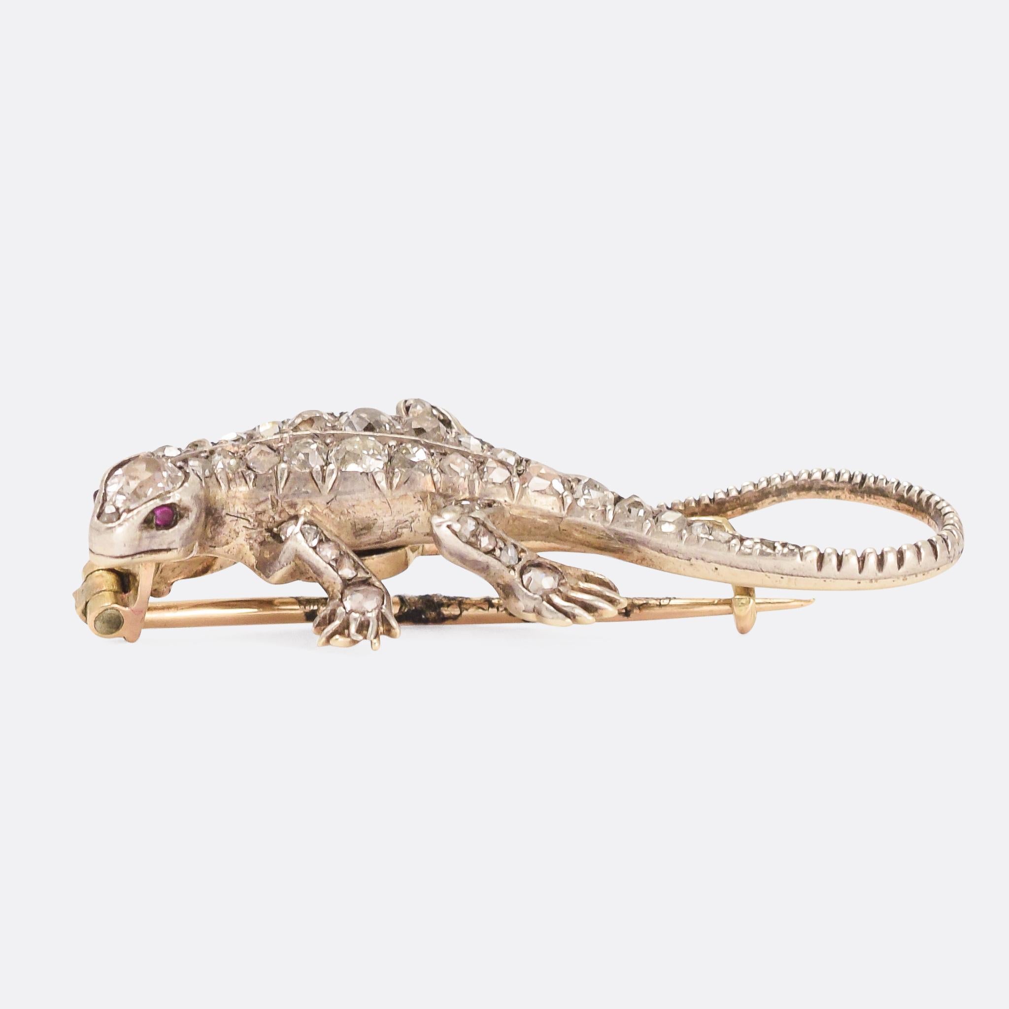 An adorable antique lizard brooch studded with rose and old mine cut diamonds and with ruby eyes. It was made in the latter half of the 19th Century, circa 1880, with finely detailed features - particularly the face, feet, and tail. Modelled in 9