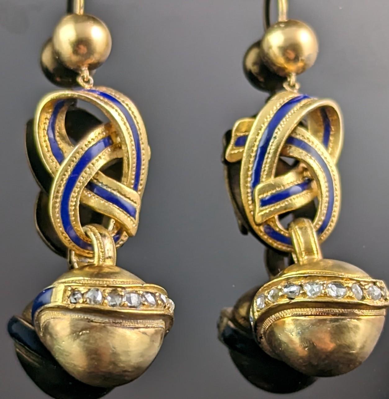 Antique Victorian Diamond lovers knot earrings, 15k gold and Blue enamel For Sale 5