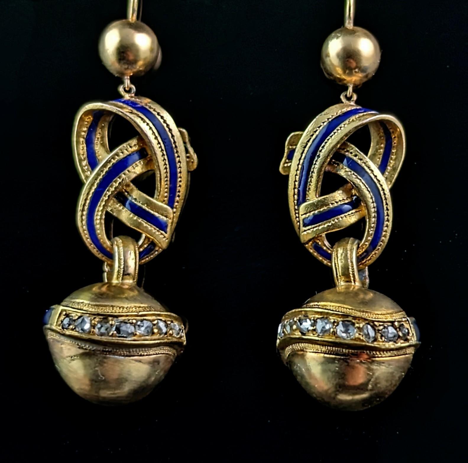 Antique Victorian Diamond lovers knot earrings, 15k gold and Blue enamel For Sale 6