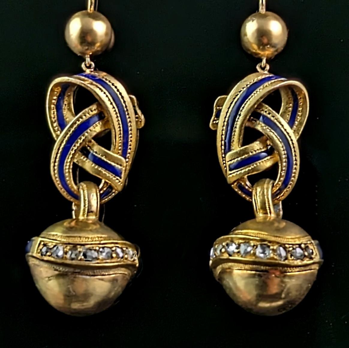 Antique Victorian Diamond lovers knot earrings, 15k gold and Blue enamel For Sale 7