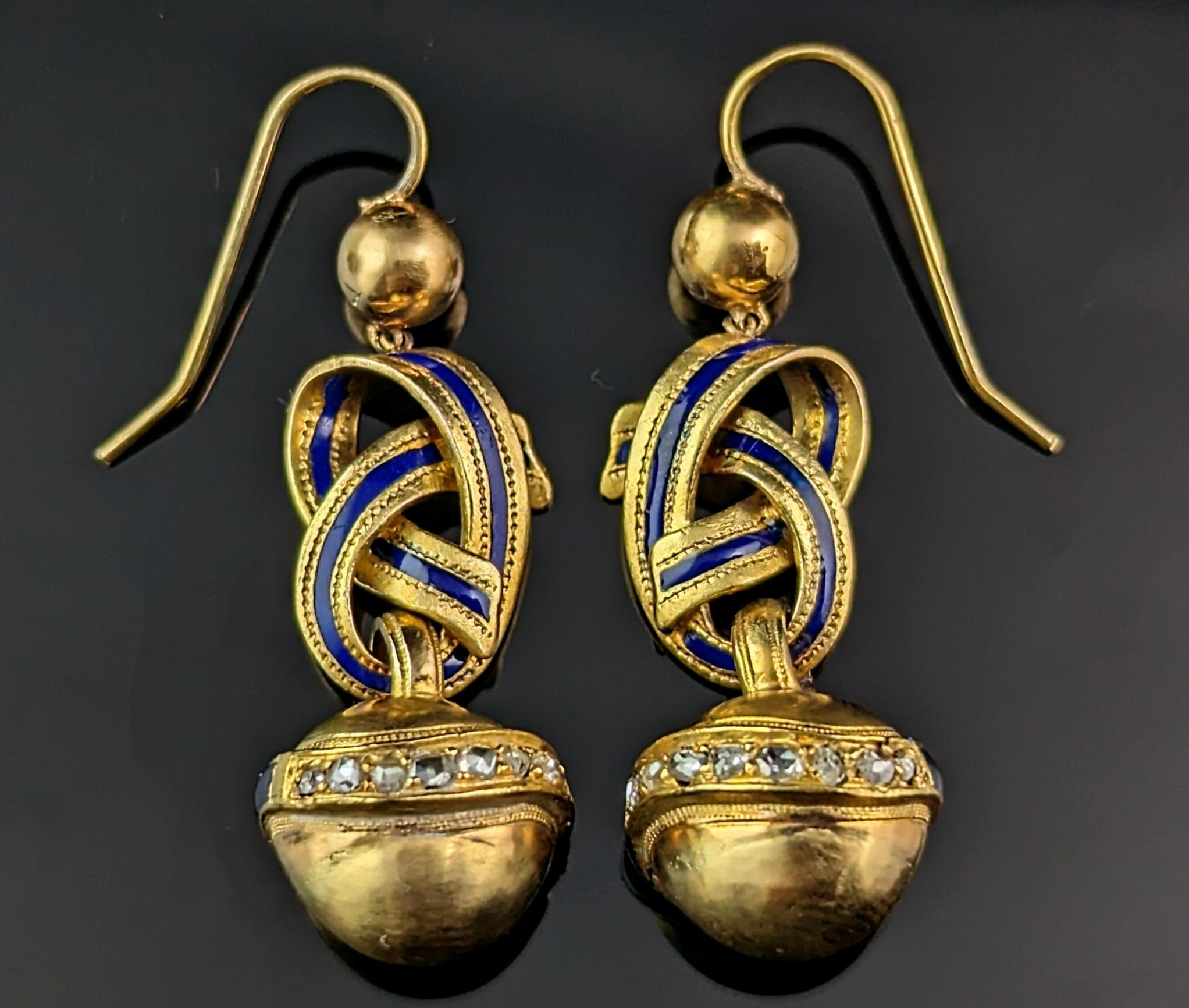 Rose Cut Antique Victorian Diamond lovers knot earrings, 15k gold and Blue enamel For Sale