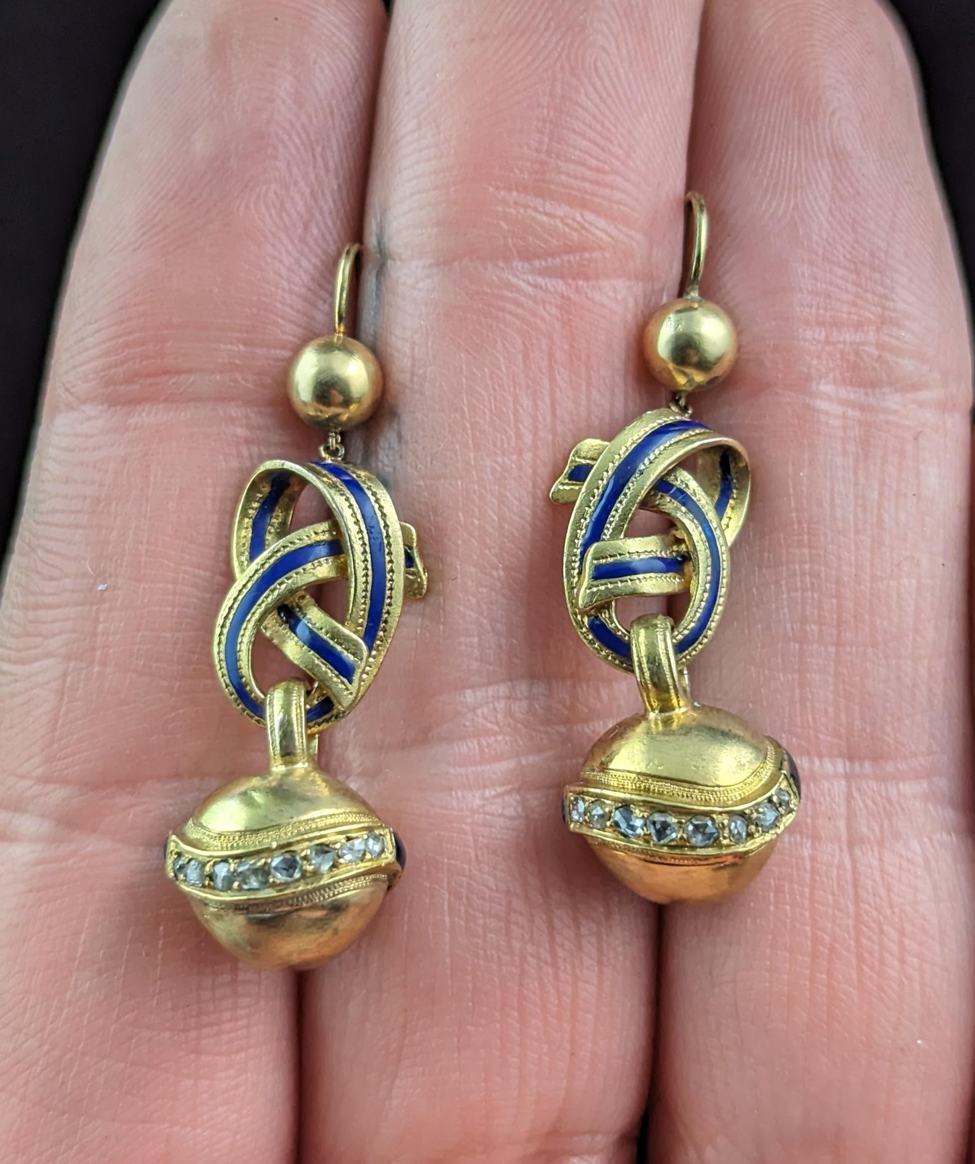 Women's Antique Victorian Diamond lovers knot earrings, 15k gold and Blue enamel For Sale