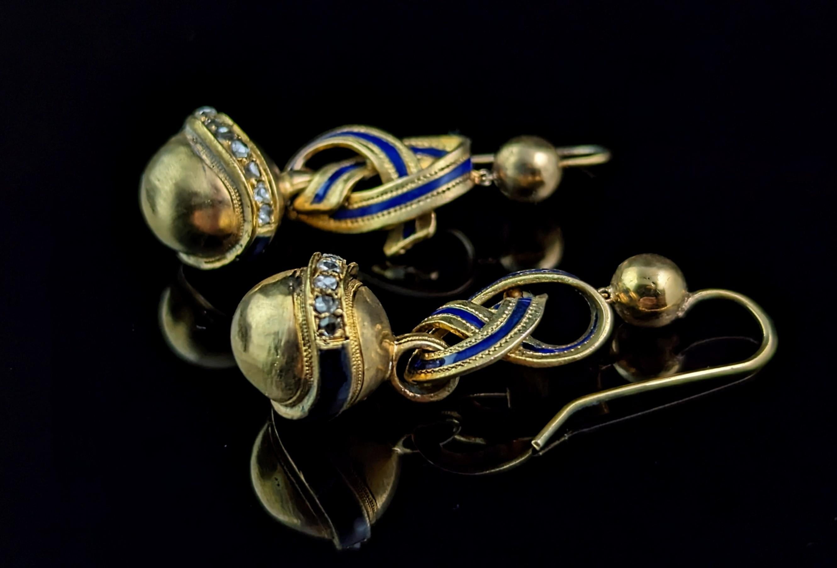 Antique Victorian Diamond lovers knot earrings, 15k gold and Blue enamel For Sale 1