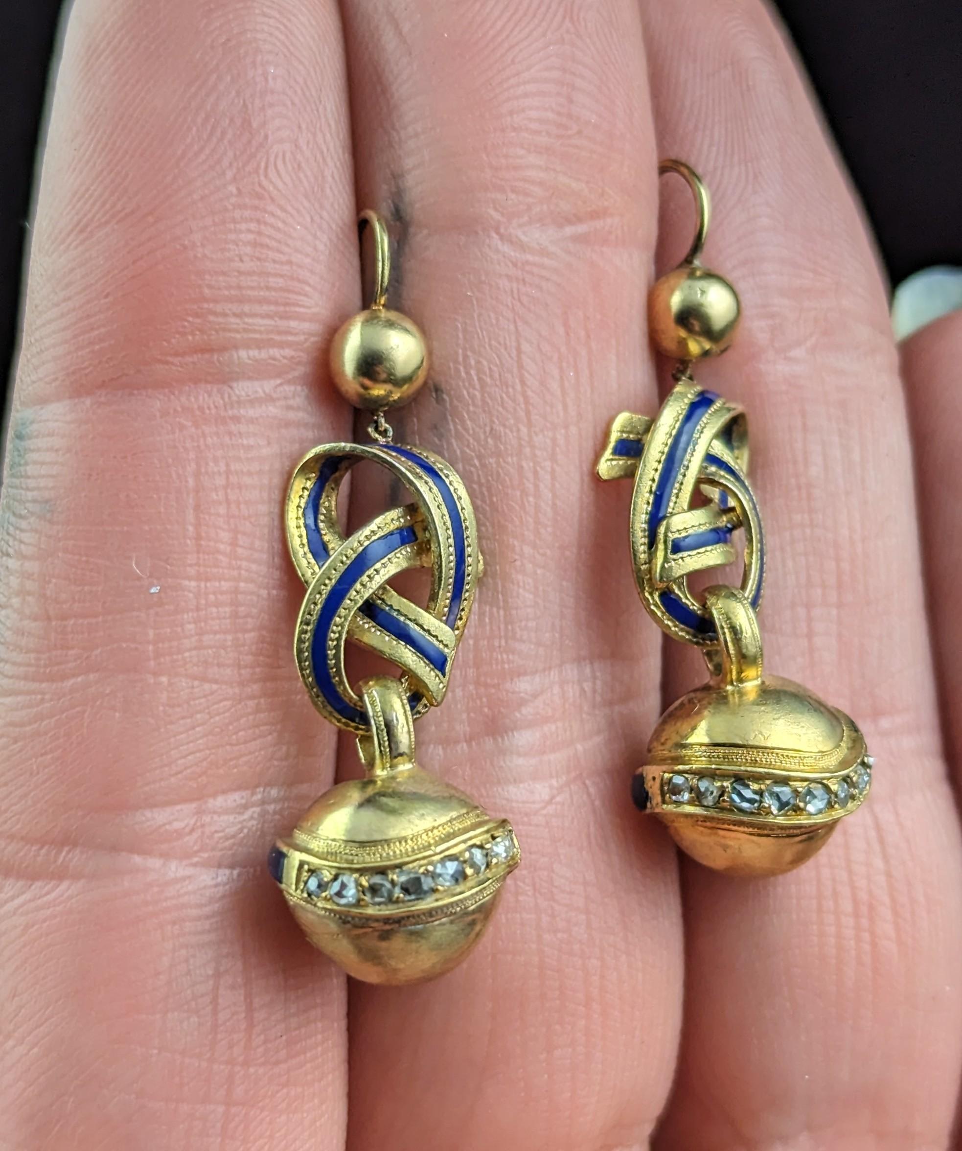 Antique Victorian Diamond lovers knot earrings, 15k gold and Blue enamel For Sale 3