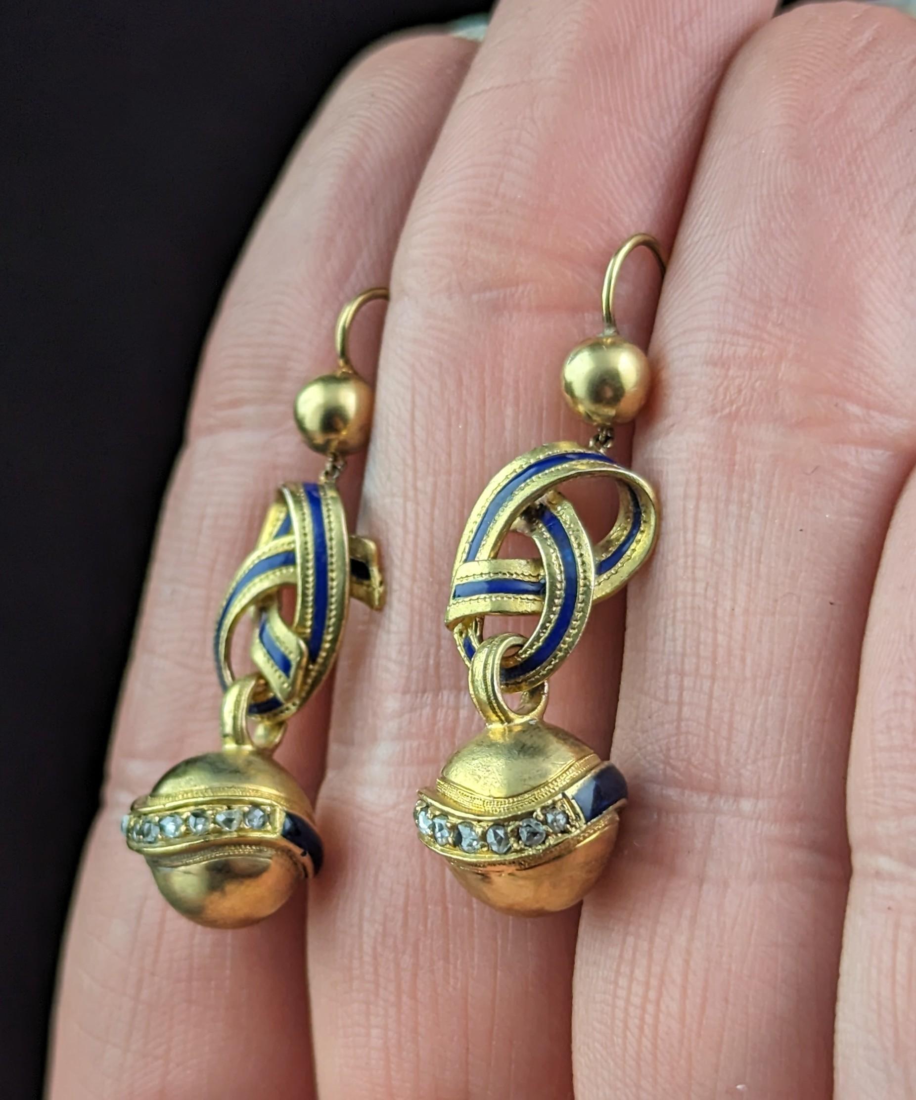 Antique Victorian Diamond lovers knot earrings, 15k gold and Blue enamel For Sale 4