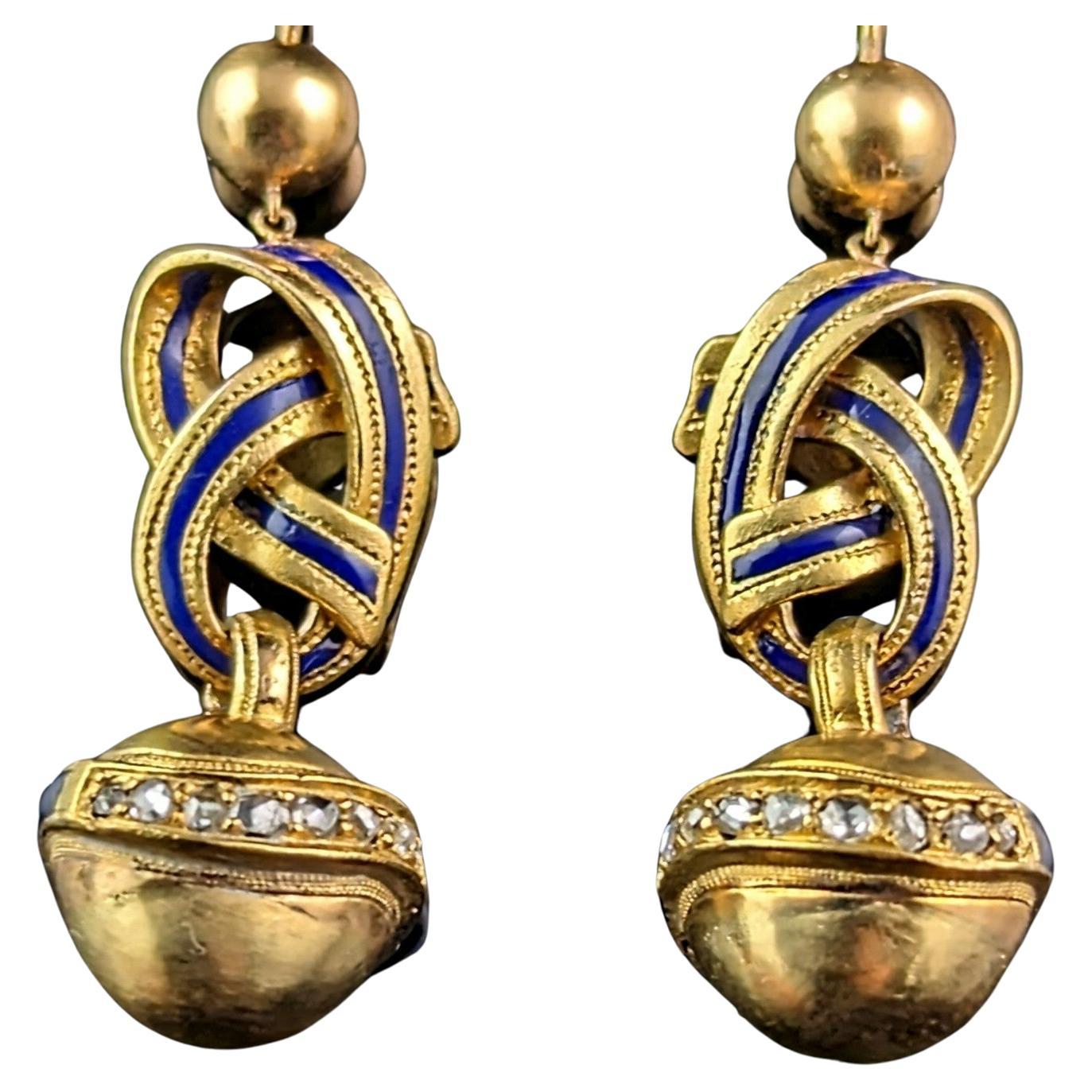 Antique Victorian Diamond lovers knot earrings, 15k gold and Blue enamel For Sale