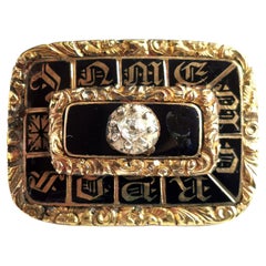 Antique Victorian Diamond Mourning Brooch, 9k Gold and Black Enamel