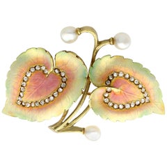 Antique Victorian Diamond Natural Pearl and Enamel 18K Yellow Gold Brooch