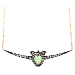 Antique Victorian Diamond/ Opal Crescent Necklace in 18K Yellow Gold - 2.05ct.