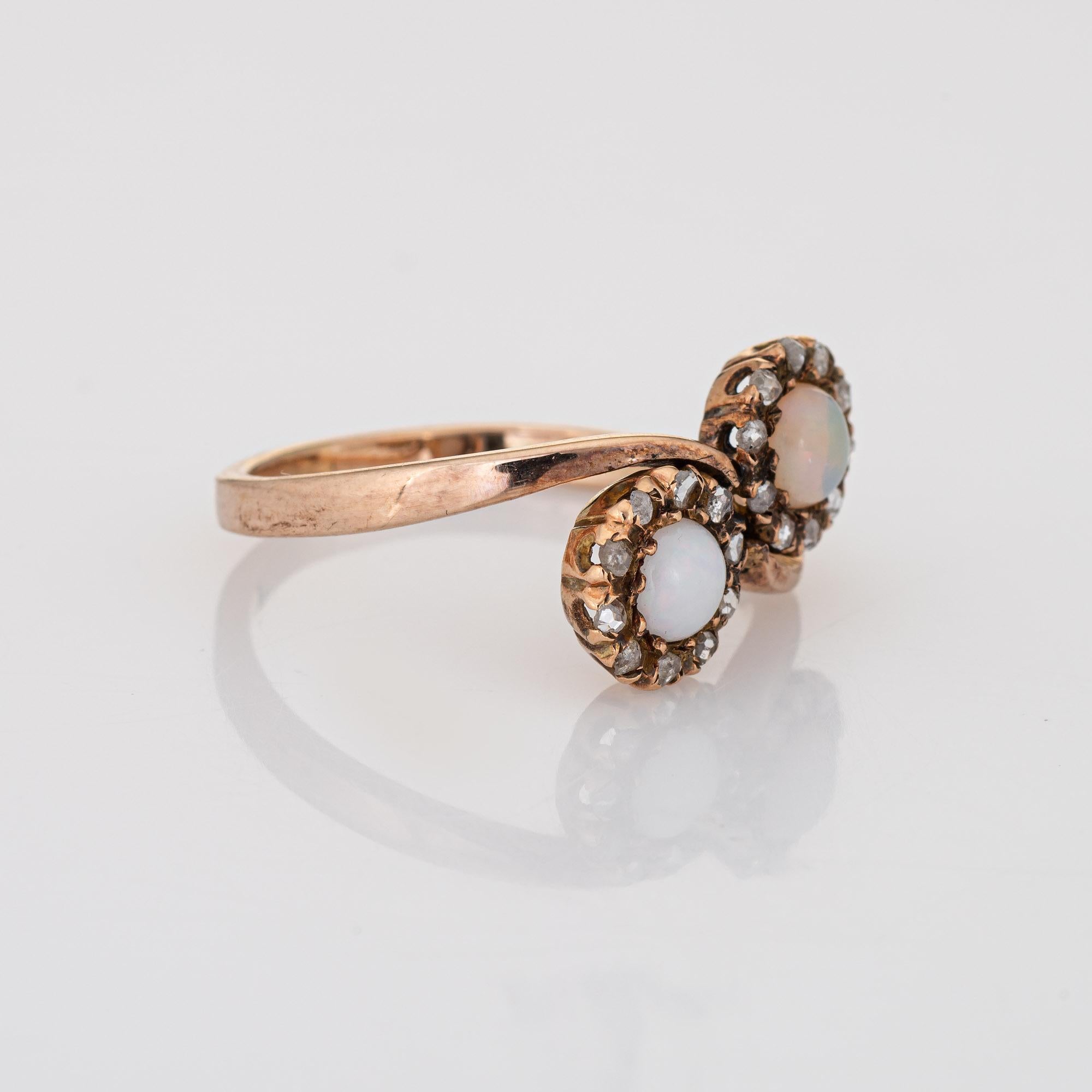Cabochon Antique Victorian Diamond Opal Ring Moi et Toi 10k Gold Vintage Jewelry