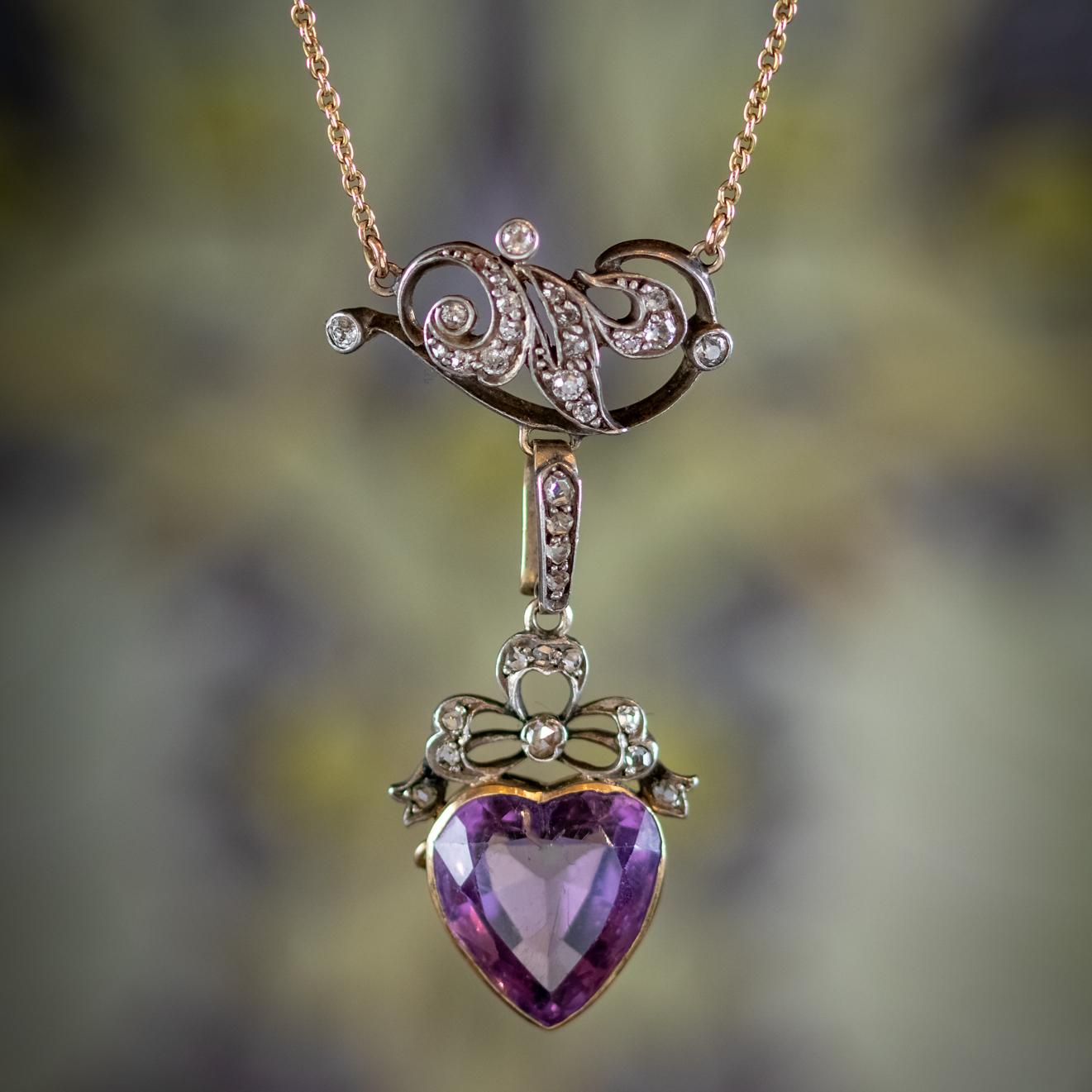 Antique Victorian Diamond Pearl Amethyst Heart Pendant Necklace, Circa 1900 For Sale 5