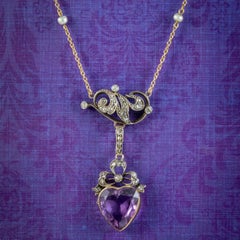 Antique Victorian Diamond Pearl Amethyst Heart Pendant Necklace, Circa 1900