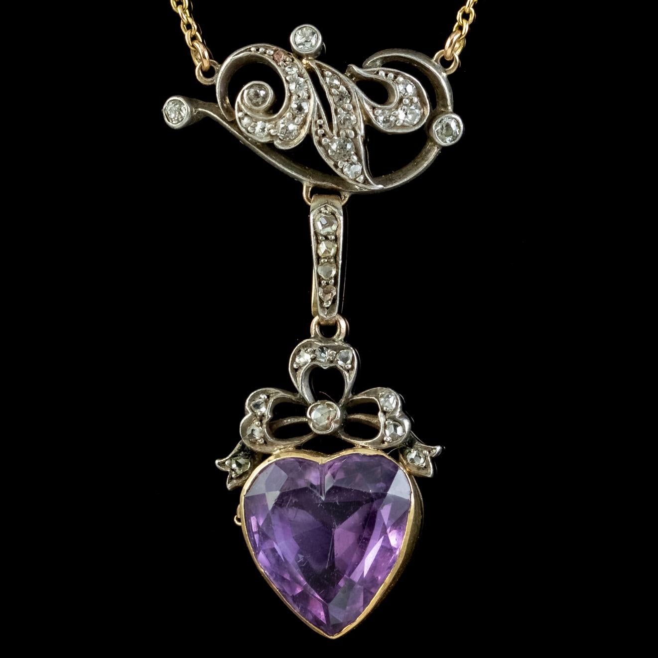 Antique Victorian Diamond Pearl Amethyst Heart Pendant Necklace, Circa 1900 In Good Condition For Sale In Kendal, GB