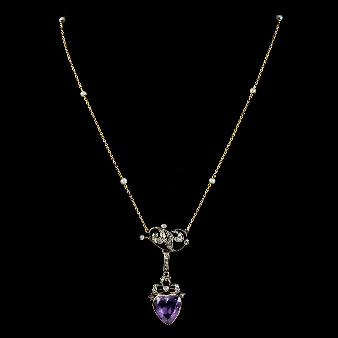 Women's Antique Victorian Diamond Pearl Amethyst Heart Pendant Necklace, Circa 1900 For Sale
