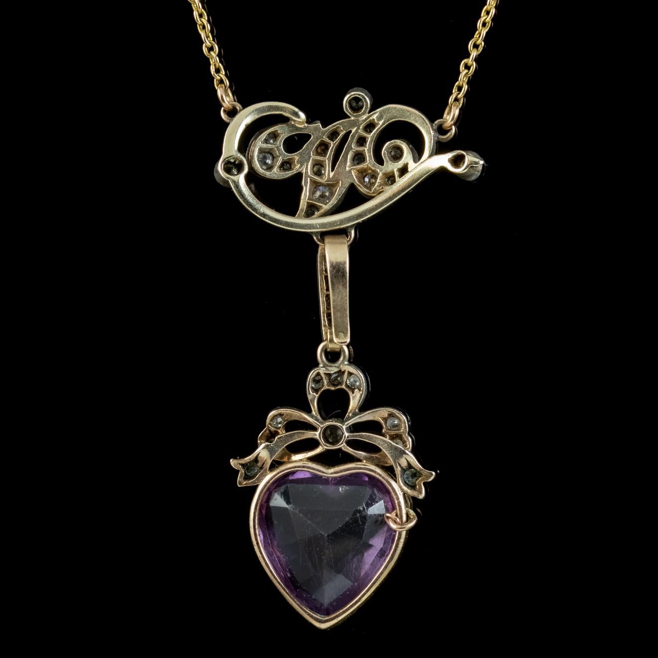 Antique Victorian Diamond Pearl Amethyst Heart Pendant Necklace, Circa 1900 For Sale 1