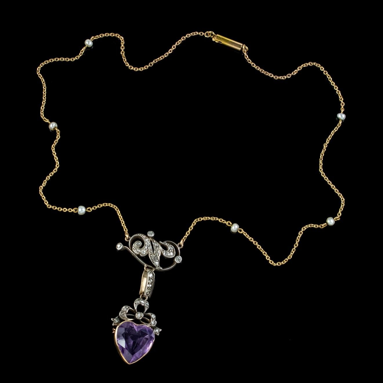 Antique Victorian Diamond Pearl Amethyst Heart Pendant Necklace, Circa 1900 For Sale 3