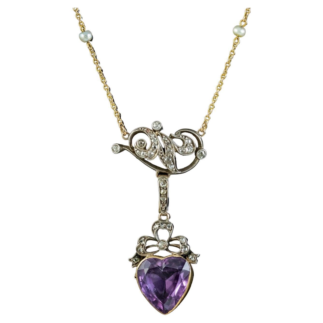 Collier pendentif victorien ancien en forme de cœur en diamant, perle et améthyste, c. 1900
