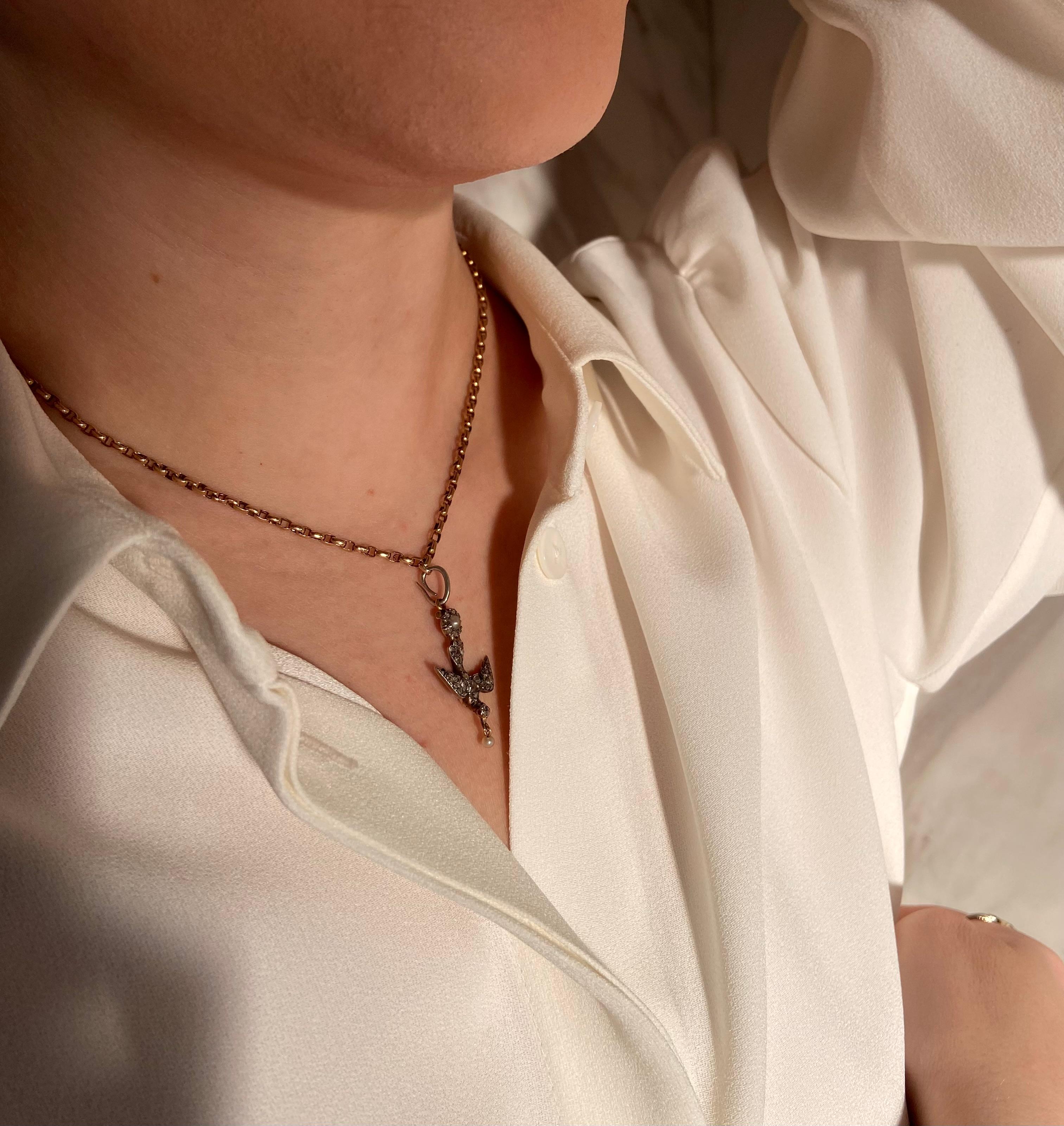 da uomo o donna Antica collana vittoriana di diamanti, perle e rubini con uccelli a forma di rondine in vendita