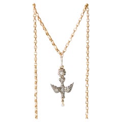 Antique Victorian Diamond Pearl and Ruby Swallow Bird Charm necklace