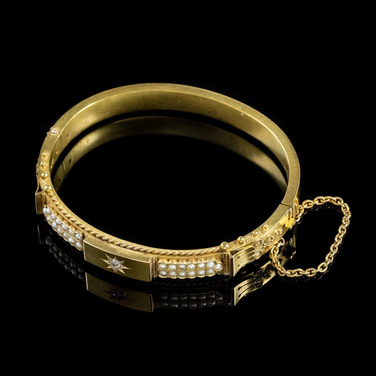 Women's Antique Victorian Diamond Pearl Bangle 15 Carat Gold Dated 1900