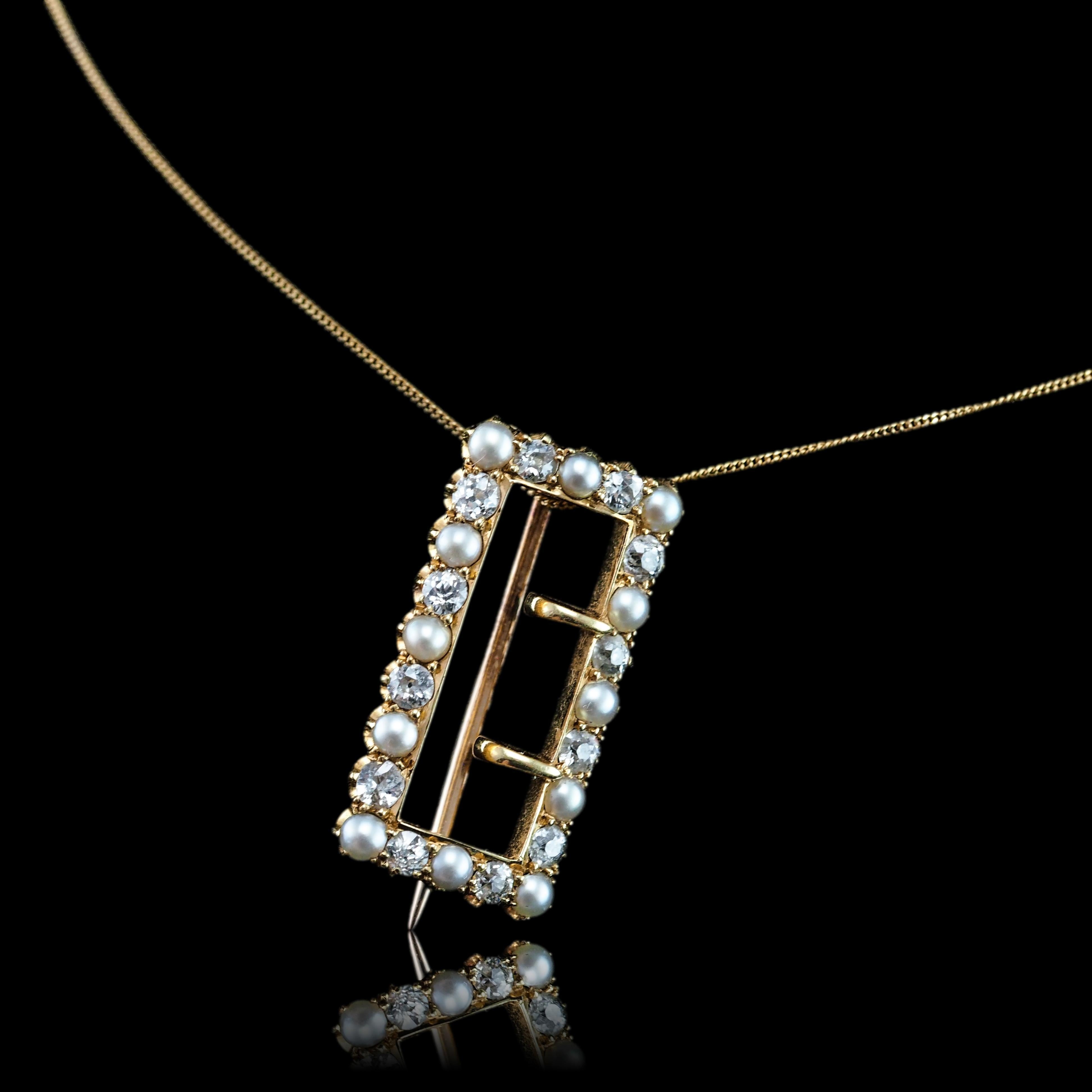 Antica spilla/pendente vittoriano con diamante e perla, a forma di fibbia in oro 18 carati - C.C. 1890 in vendita 10