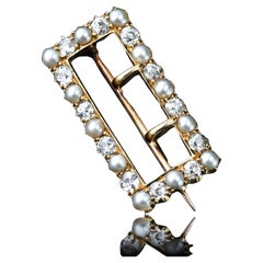 Antique Victorian Diamond Pearl Brooch/Pendant Buckle Shape 18K Gold - c.1890