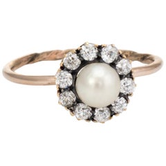 Antique Victorian Diamond Pearl Conversion Ring Halo 10k Gold Fine Jewelry 5.75