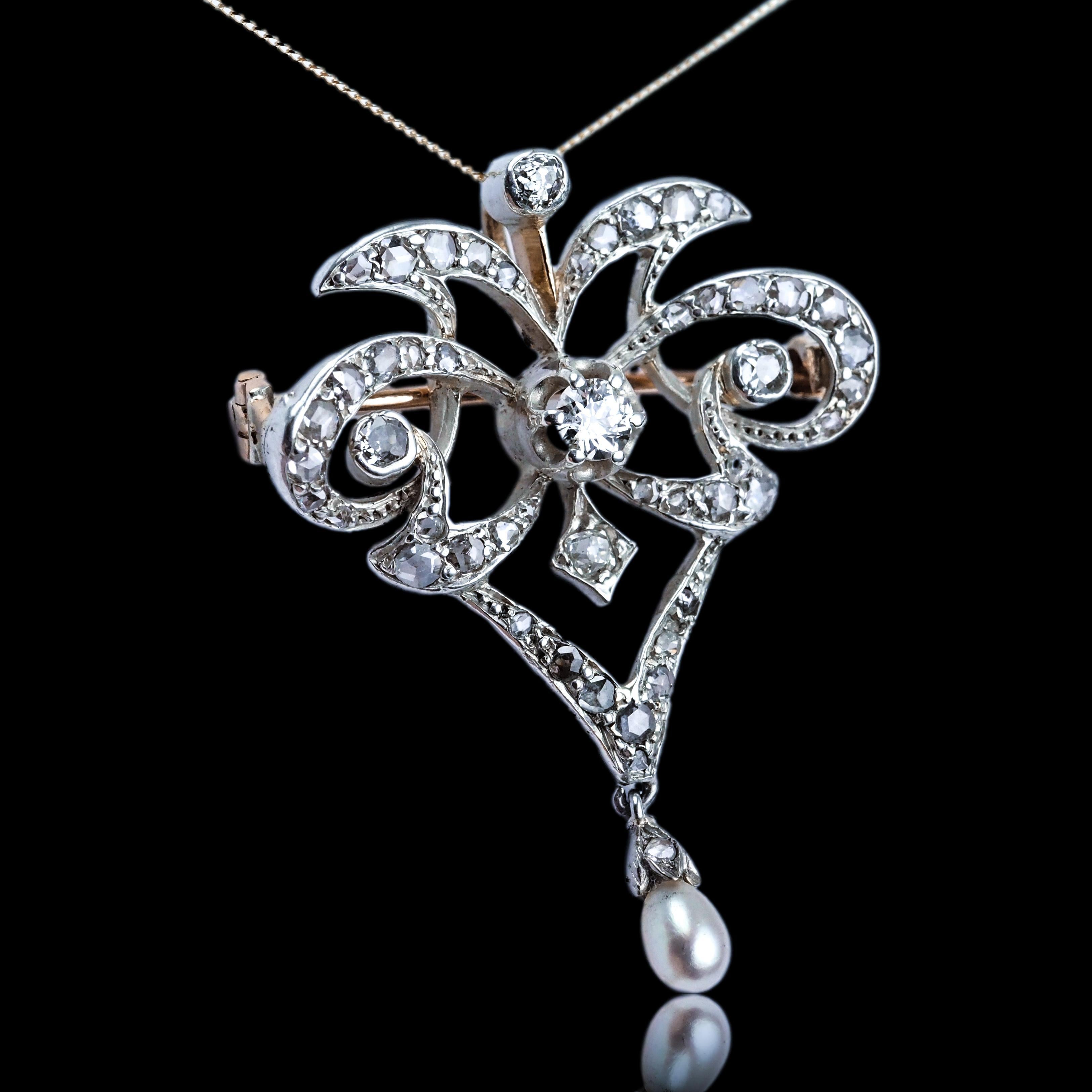 Antike viktorianische Diamant-Perlen-Halskette Lavalier-Anhänger/Brosche - ca. 1900 im Angebot 4