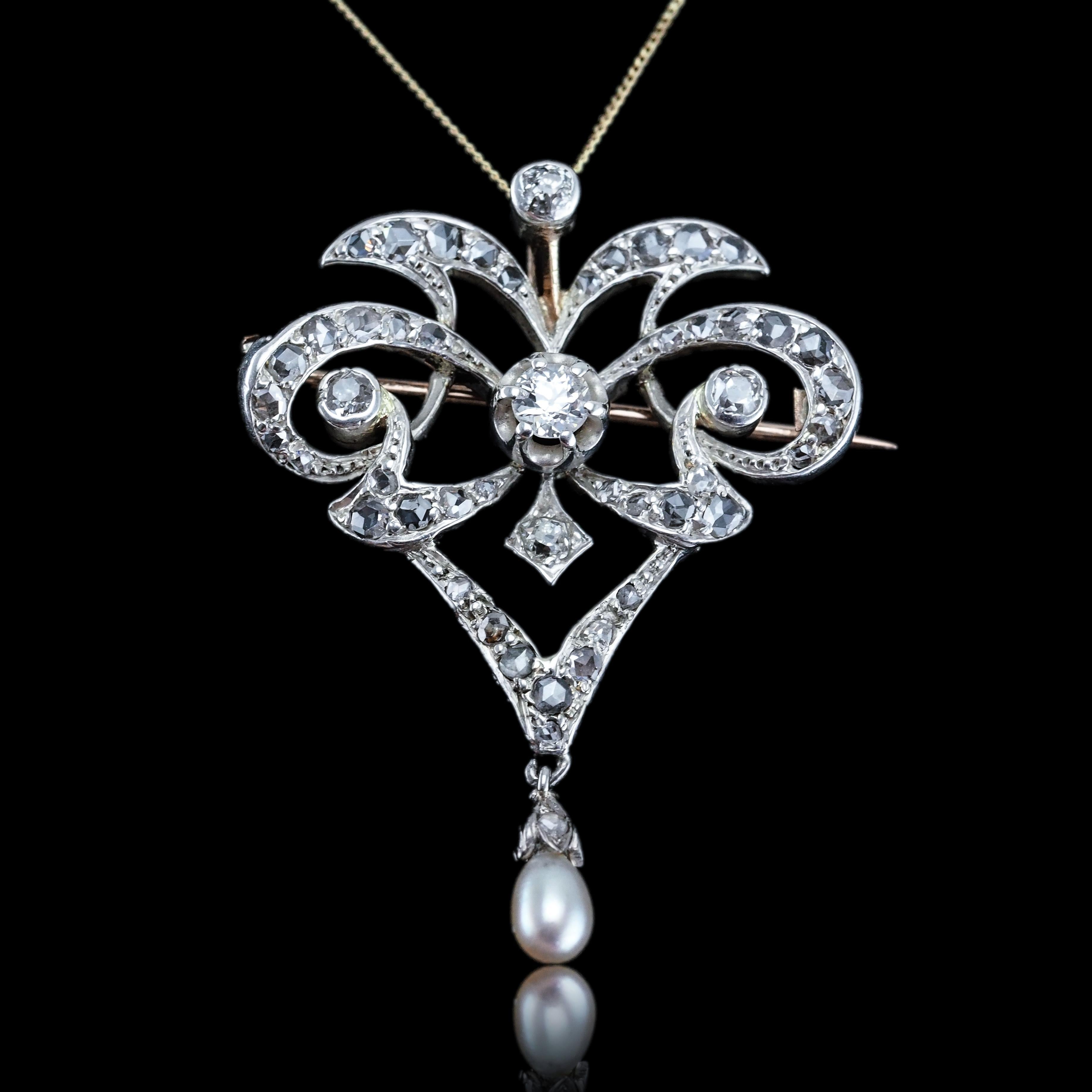 Antike viktorianische Diamant-Perlen-Halskette Lavalier-Anhänger/Brosche - ca. 1900 im Angebot 6