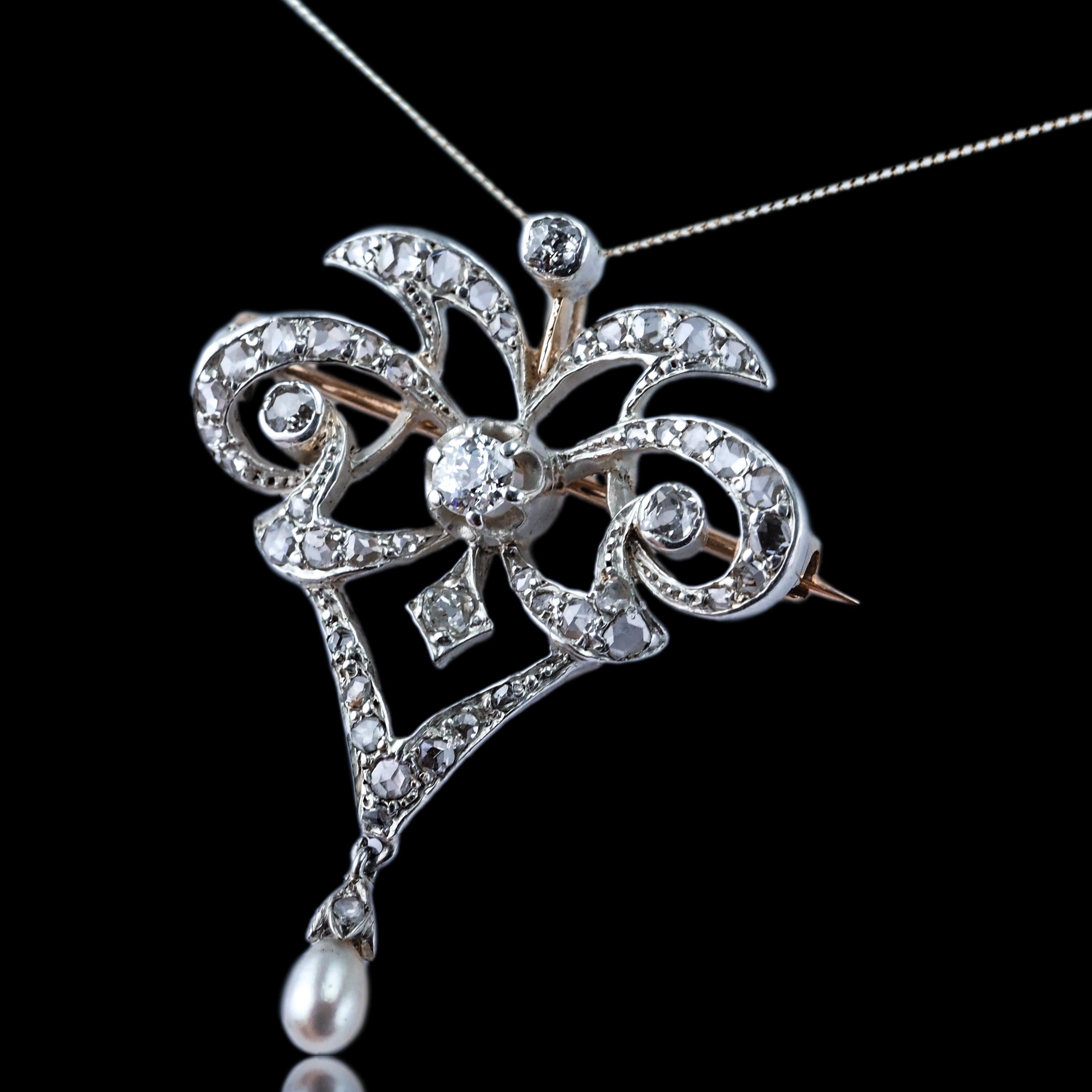 Antike viktorianische Diamant-Perlen-Halskette Lavalier-Anhänger/Brosche - ca. 1900 im Angebot 7