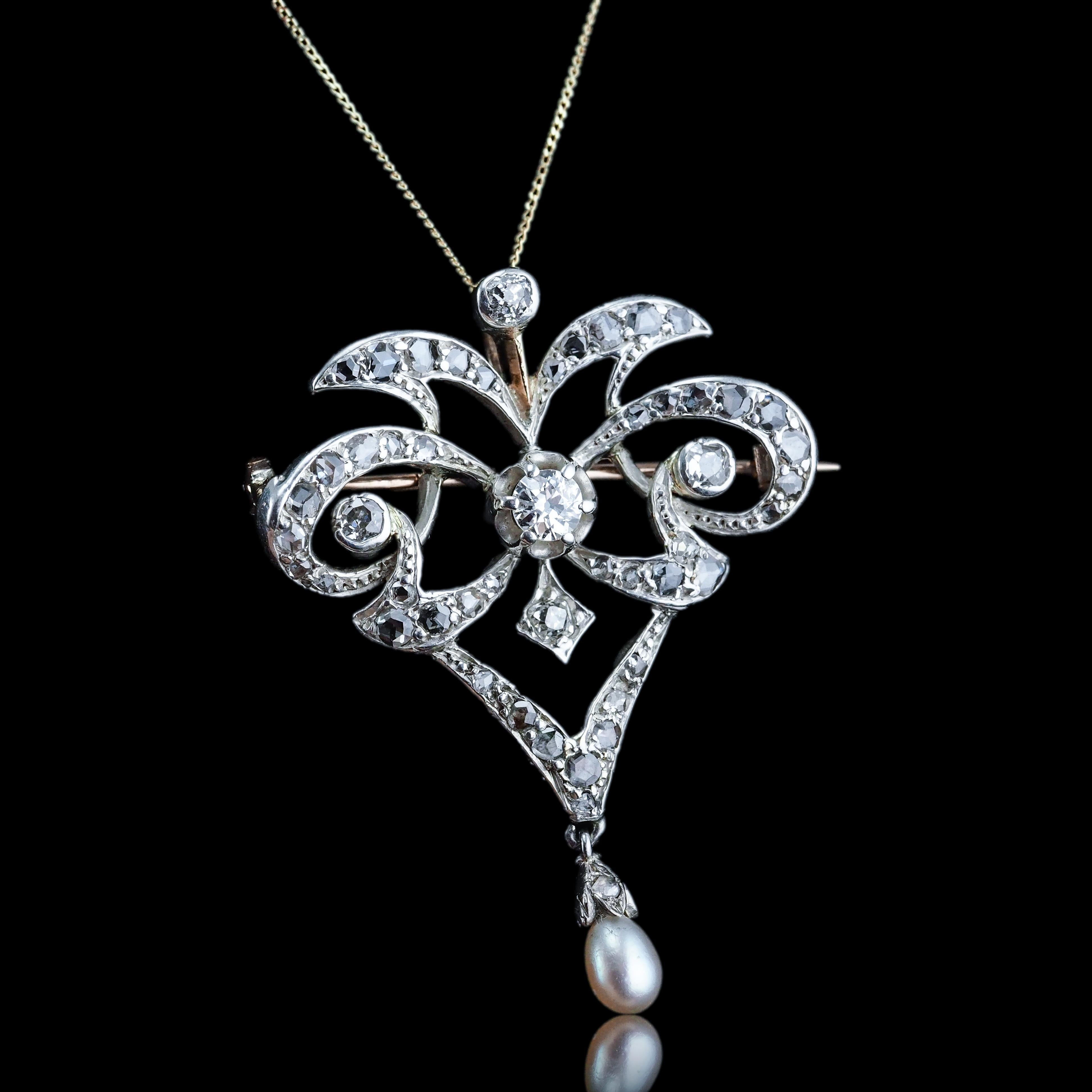 Antike viktorianische Diamant-Perlen-Halskette Lavalier-Anhänger/Brosche - ca. 1900 im Angebot 8