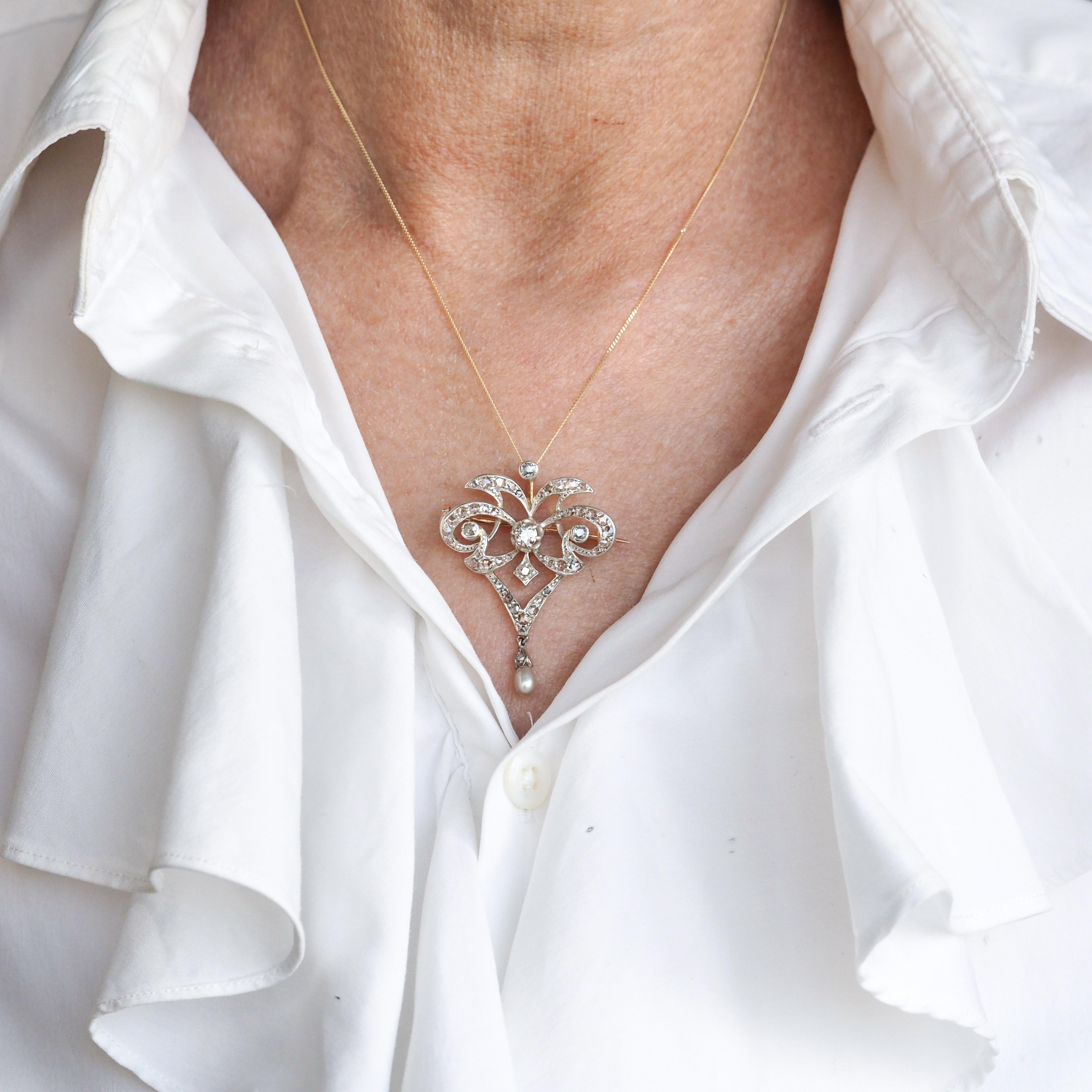 Antike viktorianische Diamant-Perlen-Halskette Lavalier-Anhänger/Brosche - ca. 1900 im Angebot 9