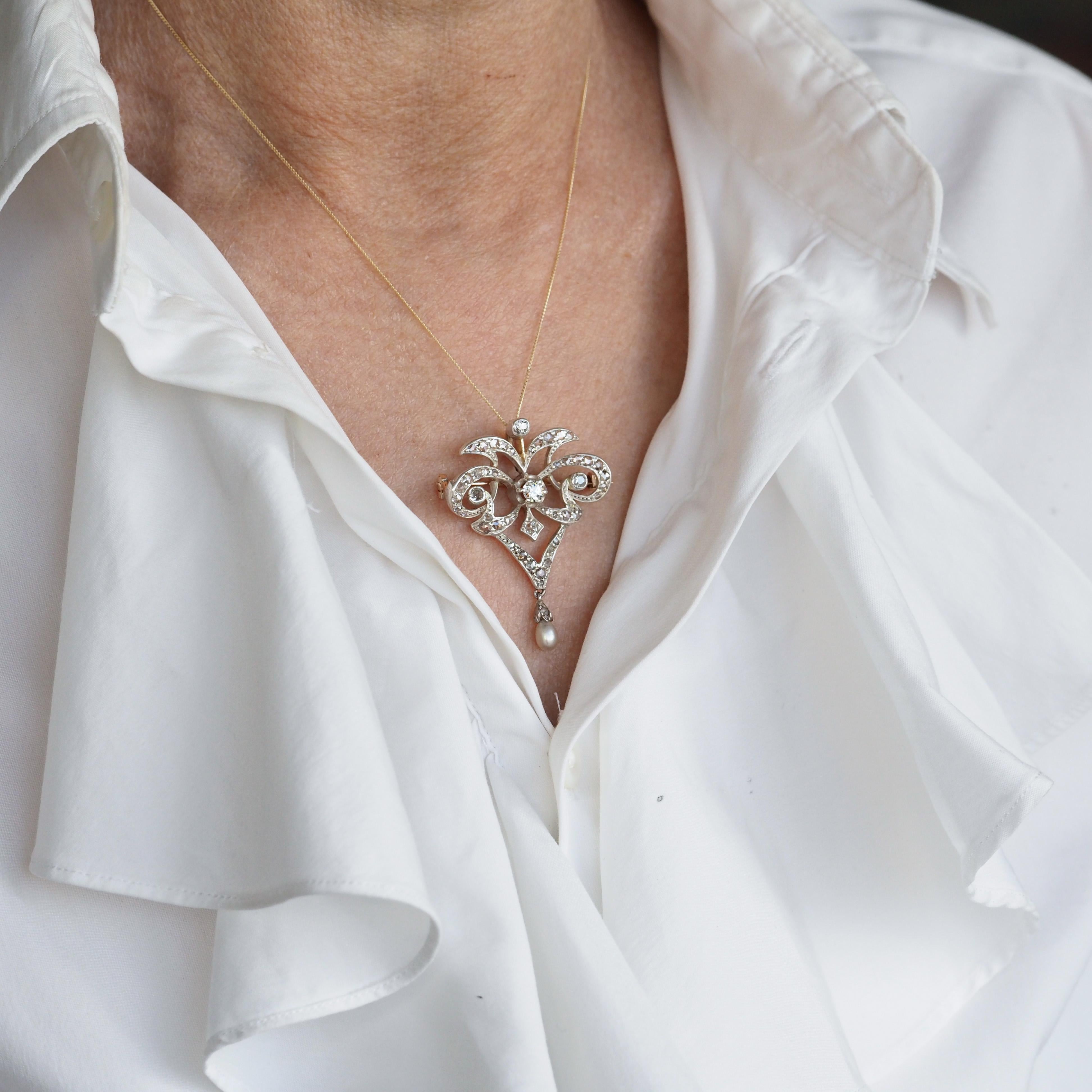 Antike viktorianische Diamant-Perlen-Halskette Lavalier-Anhänger/Brosche - ca. 1900 im Angebot 10