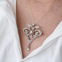 Antique Victorian Diamond Pearl Necklace Lavalier Pendant/Brooch - c.1900