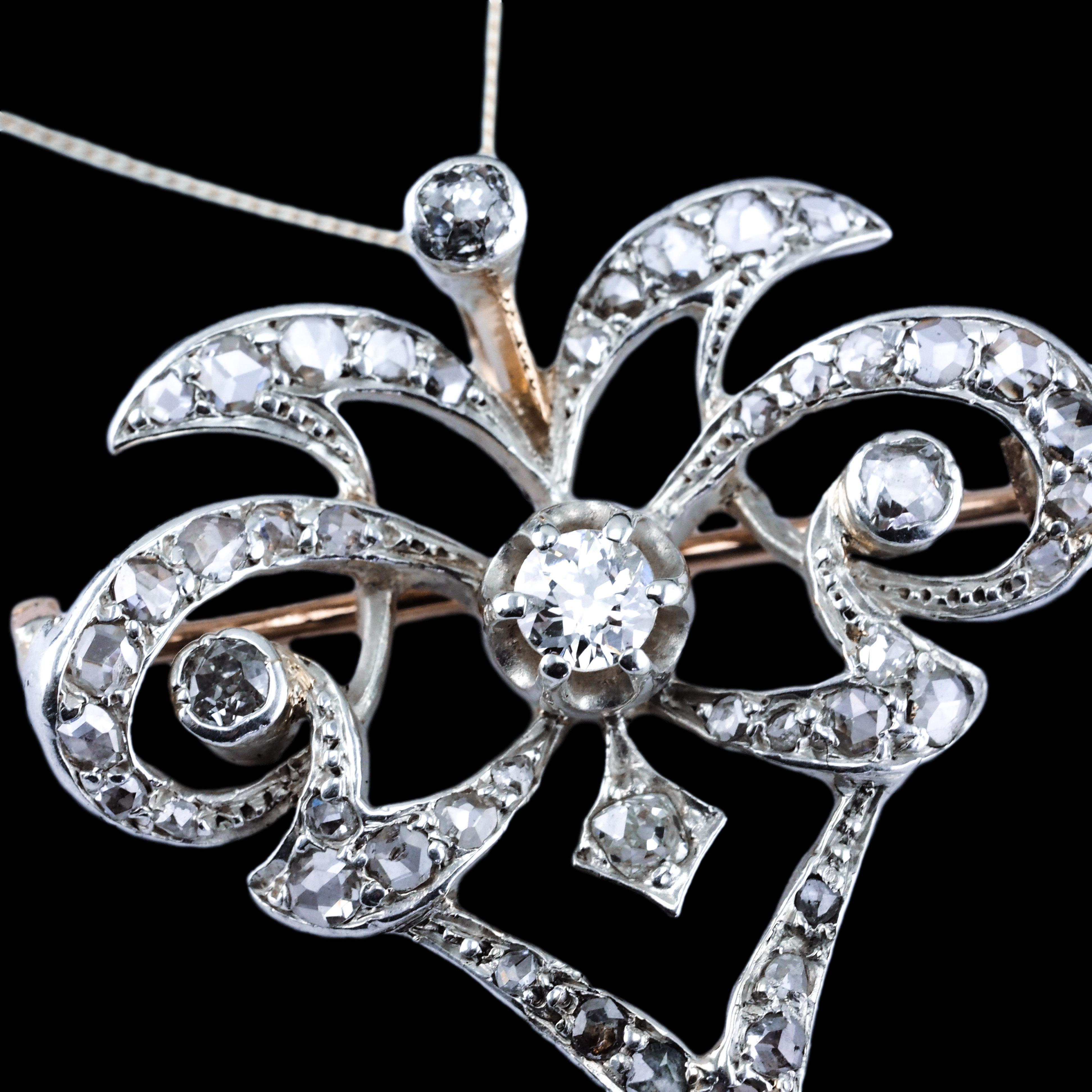 Antike viktorianische Diamant-Perlen-Halskette Lavalier-Anhänger/Brosche - ca. 1900 (Rosenschliff) im Angebot