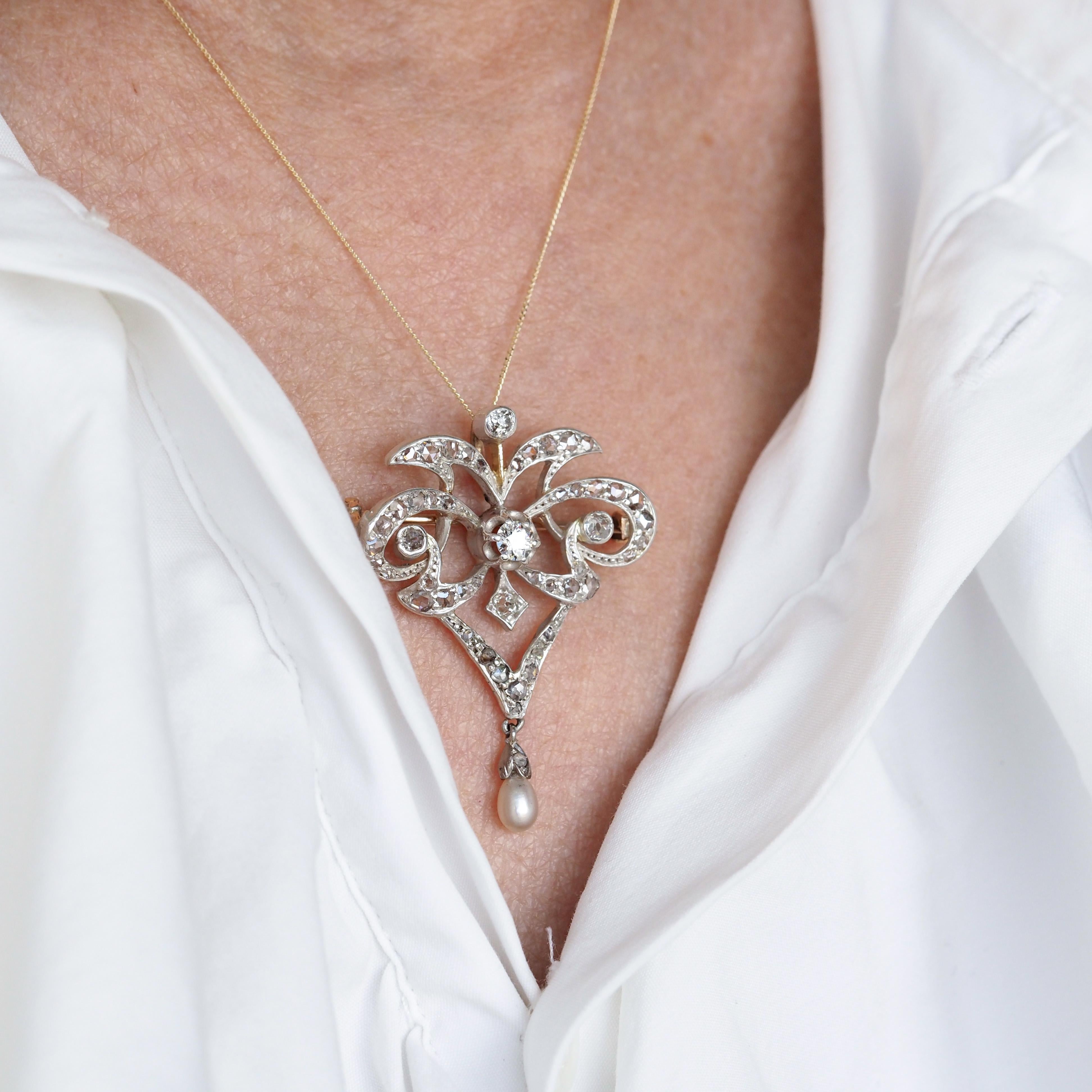 Antike viktorianische Diamant-Perlen-Halskette Lavalier-Anhänger/Brosche - ca. 1900 im Angebot 2