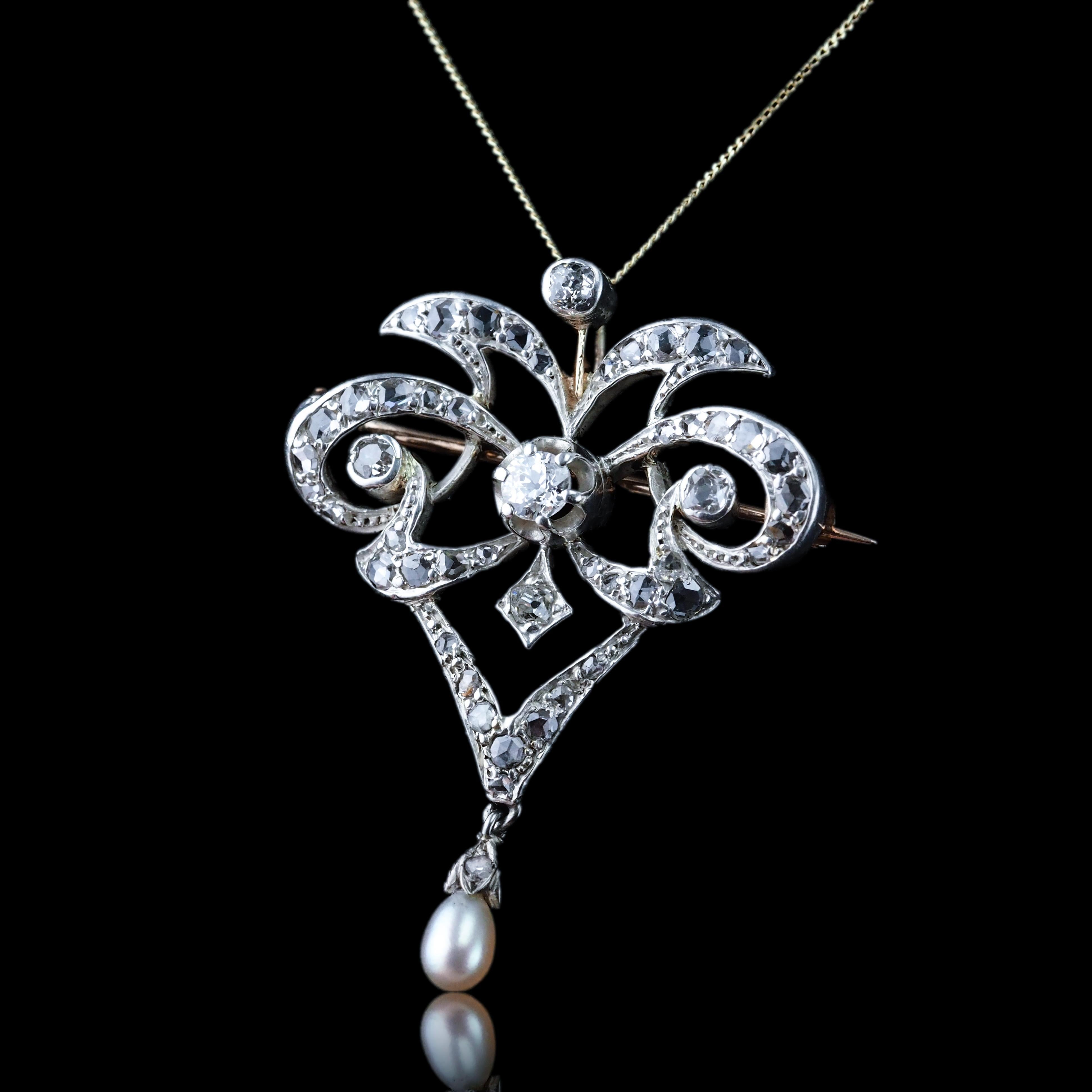 Antike viktorianische Diamant-Perlen-Halskette Lavalier-Anhänger/Brosche - ca. 1900 im Angebot 3