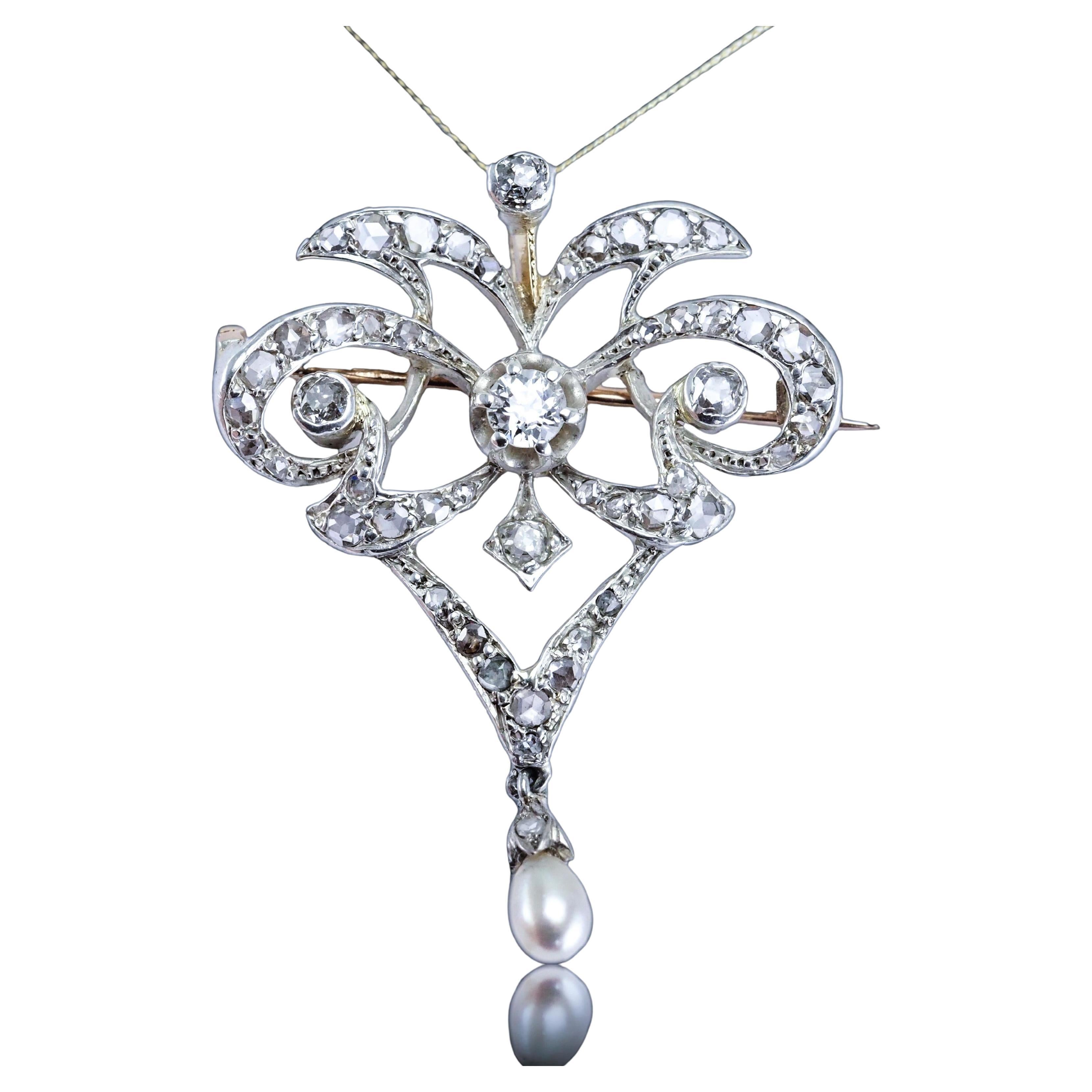 Antique Victorian Diamond Pearl Necklace Lavalier Pendant/Brooch - c.1900