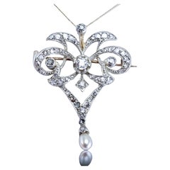 Antique Victorian Diamond Pearl Necklace Lavalier Pendant/Brooch - c.1900
