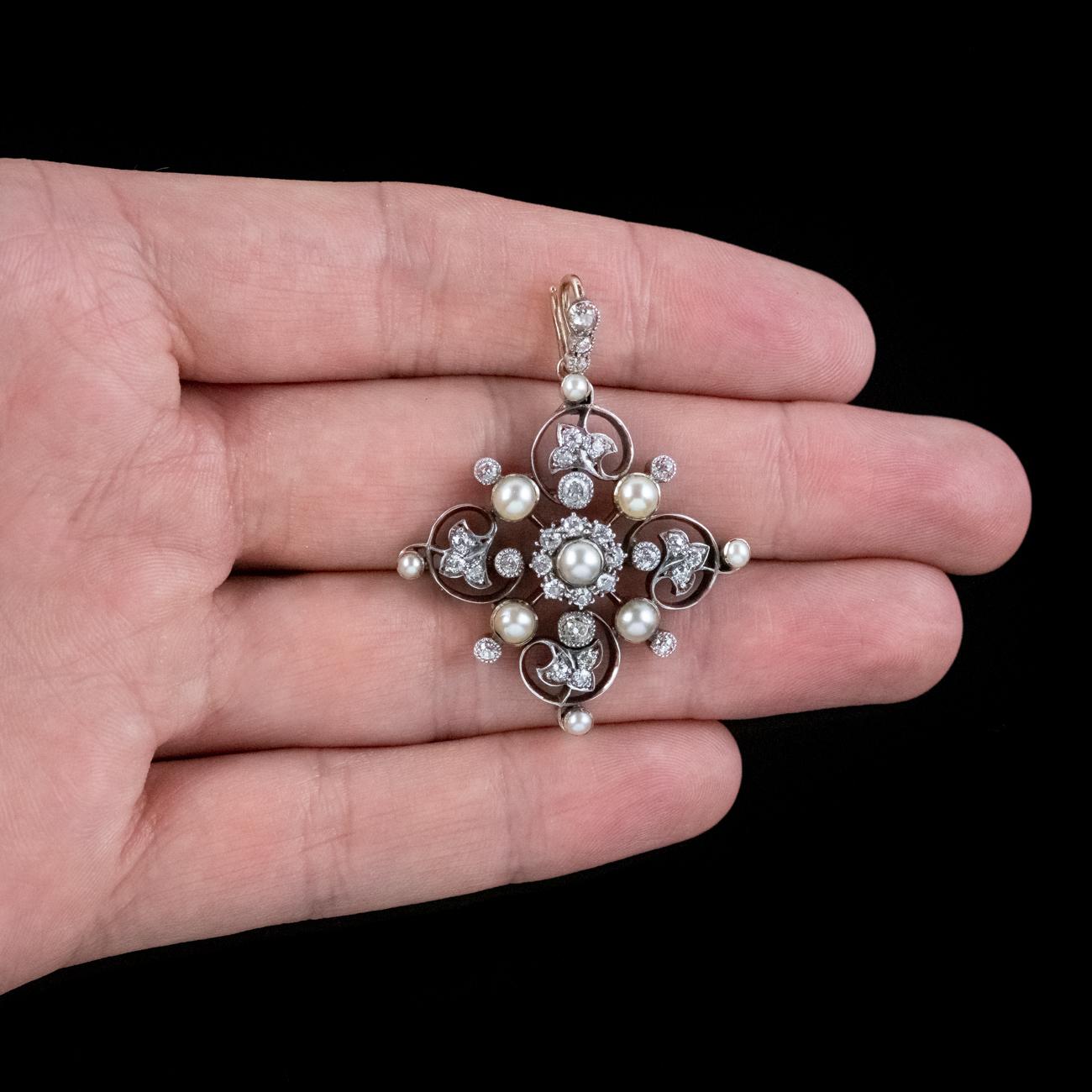 Antique Victorian Diamond Pearl Pendant 1.5ct Of Diamond For Sale 1