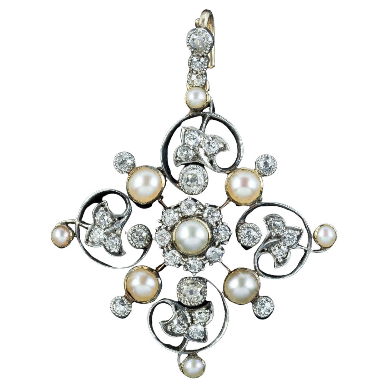 Antique Victorian Diamond Pearl Pendant 1.5ct Of Diamond For Sale
