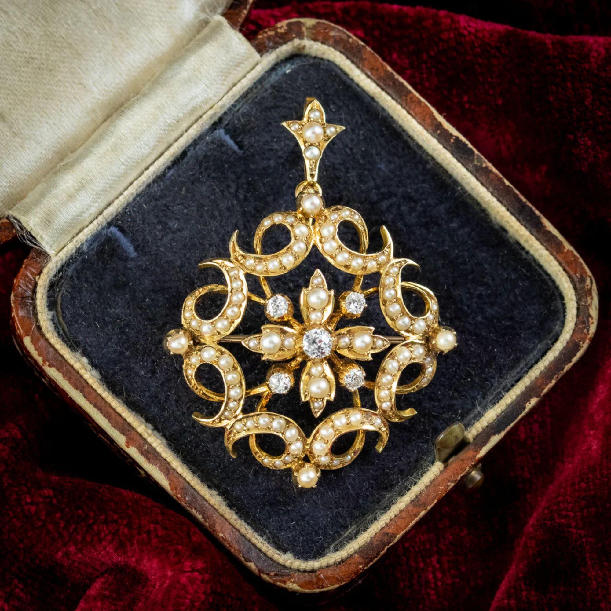Antique Victorian Diamond Pearl Pendant Brooch in 18ct Gold, circa 18801900 For Sale at 1stDibs