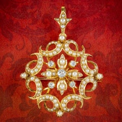 Antique Victorian Diamond Pearl Pendant Brooch in 18ct Gold, circa 1880-1900