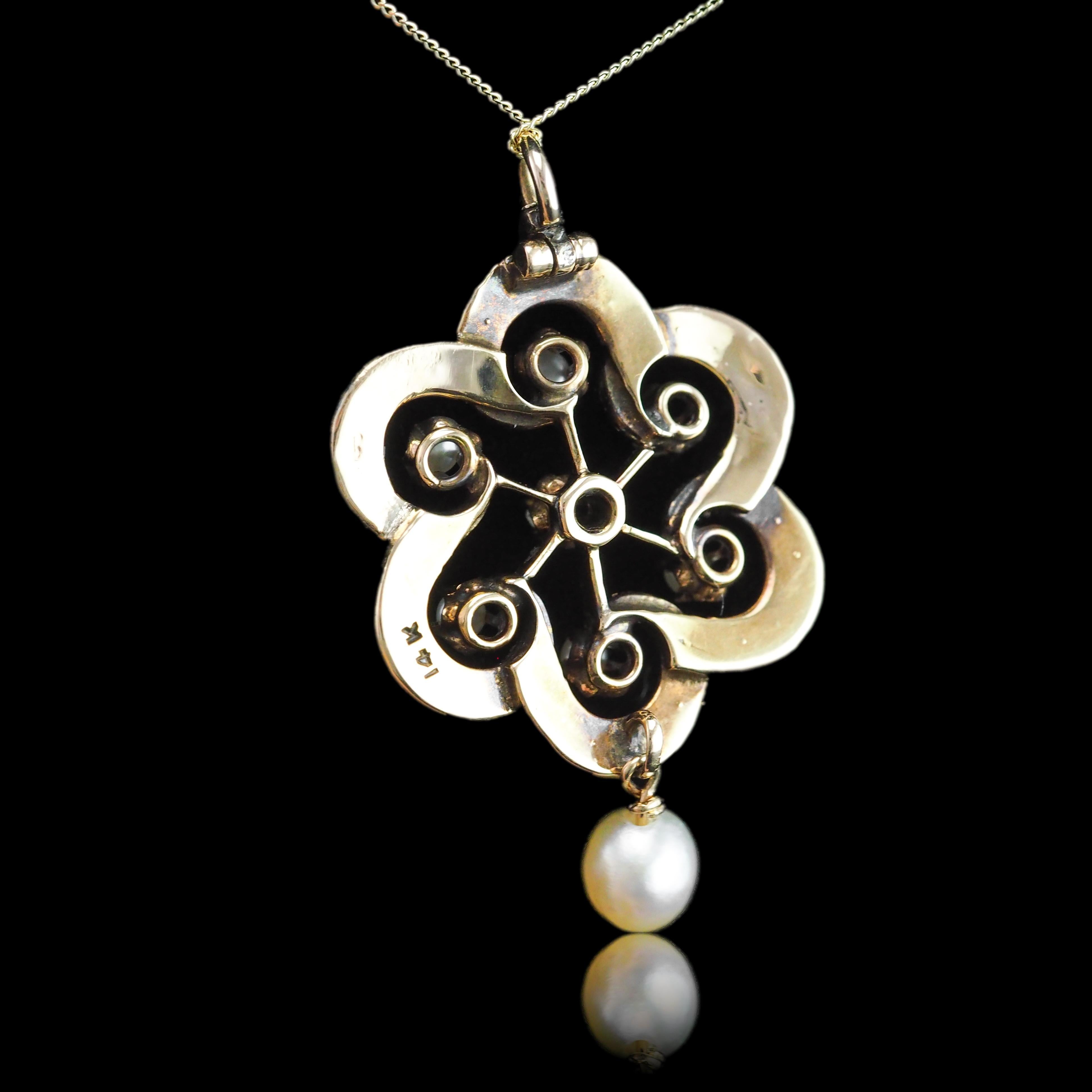 Antique Victorian Diamond & Pearl Pendant Necklace 14K Gold - c.1900 For Sale 8