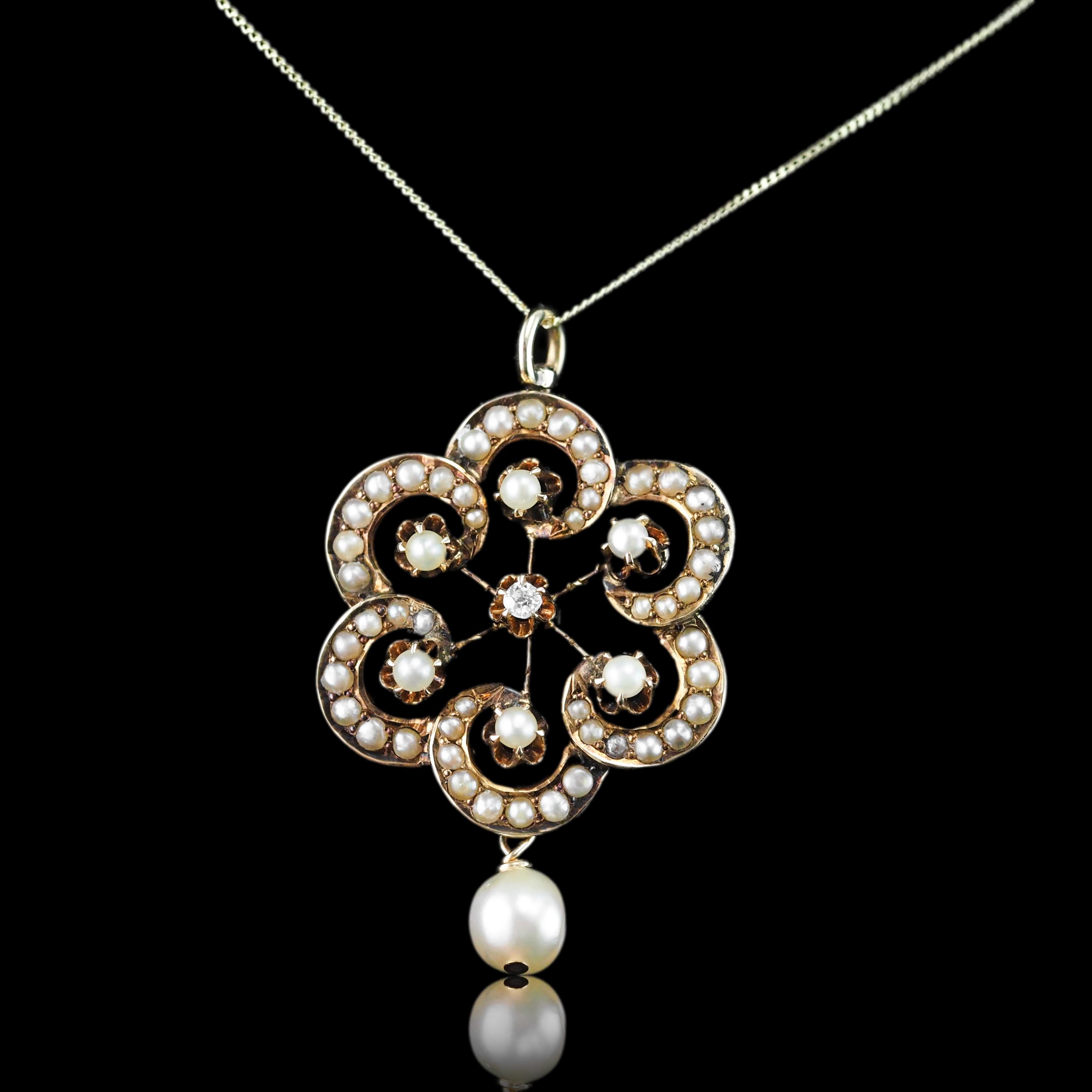 Antique Victorian Diamond & Pearl Pendant Necklace 14K Gold - c.1900 For Sale 9